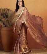 Brown plain chiffon designer saree with blouse piece