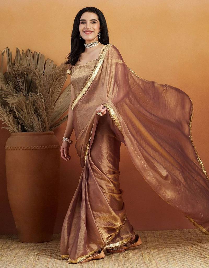 Brown plain chiffon designer saree with blouse piece