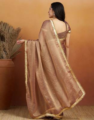 Brown plain chiffon designer saree with blouse piece 2