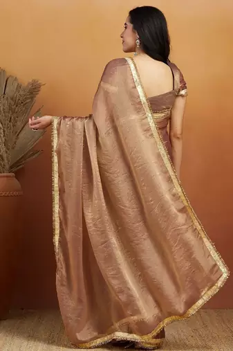 Brown plain chiffon designer saree with blouse piece