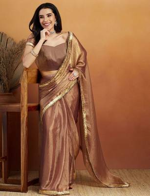 Brown plain chiffon designer saree with blouse piece 3