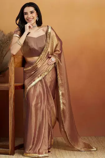 Brown plain chiffon designer saree with blouse piece