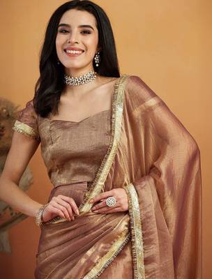 Brown plain chiffon designer saree with blouse piece 4