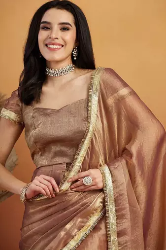 Brown plain chiffon designer saree with blouse piece