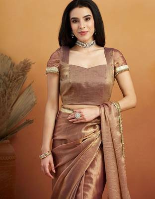 Brown plain chiffon designer saree with blouse piece 5