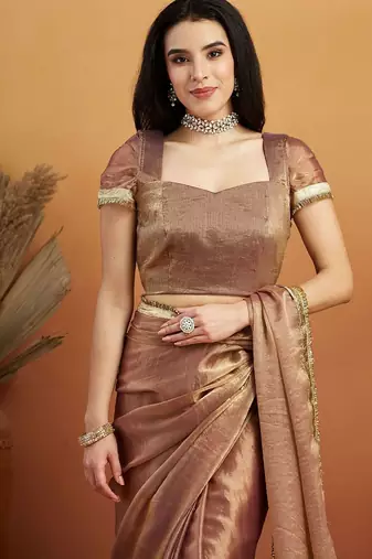 Brown plain chiffon designer saree with blouse piece