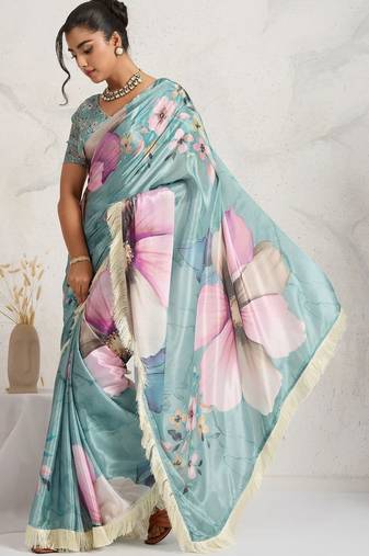 Teal printed satin fashion saree with blouse piece