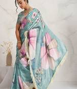 Teal printed satin fashion saree with blouse piece