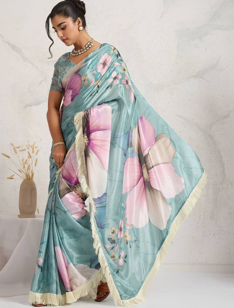 Teal printed satin fashion saree with blouse piece