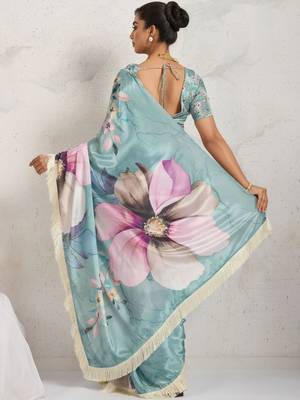 Teal printed satin fashion saree with blouse piece 2