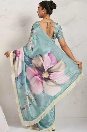 Teal printed satin fashion saree with blouse piece