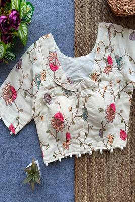 Off white embroidered cotton designer readymade saree blouse for women half sleeve ethnic party wear 1