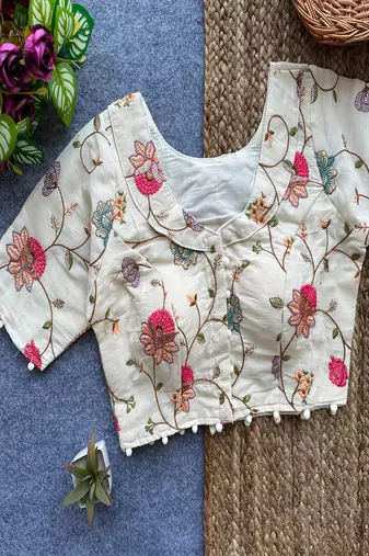 Off white embroidered cotton designer readymade saree blouse for women half sleeve ethnic party wear