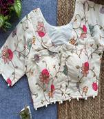Off white embroidered cotton designer readymade saree blouse for women half sleeve ethnic party wear