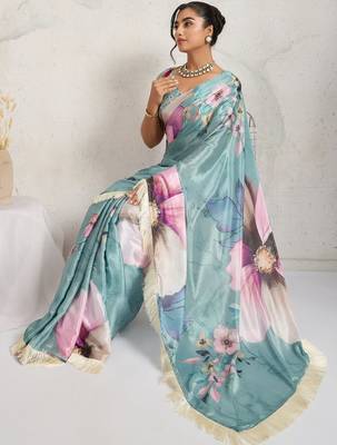 Teal printed satin fashion saree with blouse piece 3