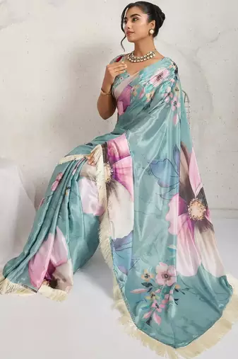 Teal printed satin fashion saree with blouse piece