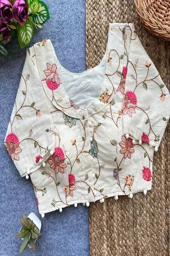 Off white embroidered cotton designer readymade saree blouse for women half sleeve ethnic party wear