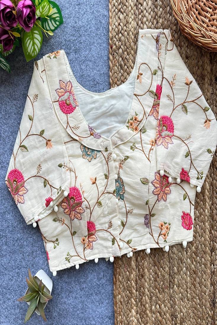 Off white embroidered cotton designer readymade saree blouse for women half sleeve ethnic party wear