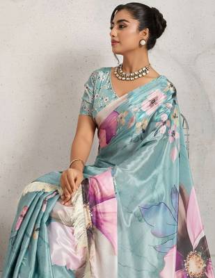 Teal printed satin fashion saree with blouse piece 4