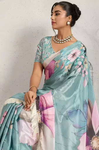 Teal printed satin fashion saree with blouse piece