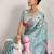 Teal printed satin fashion saree with blouse piece