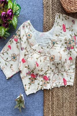 Off white floral embroidered cotton designer readymade saree blouse for women ethnic party wear 1