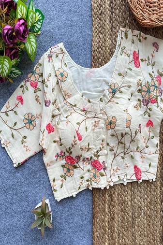 Off white floral embroidered cotton designer readymade saree blouse for women ethnic party wear