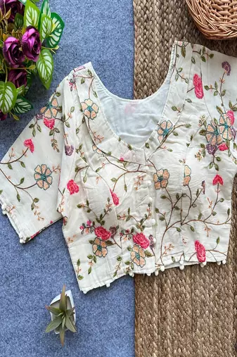 Off white floral embroidered cotton designer readymade saree blouse for women ethnic party wear