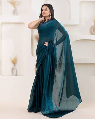 Teal plain tissue festive wear saree with blouse piece 2