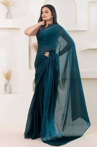 Teal plain tissue festive wear saree with blouse piece