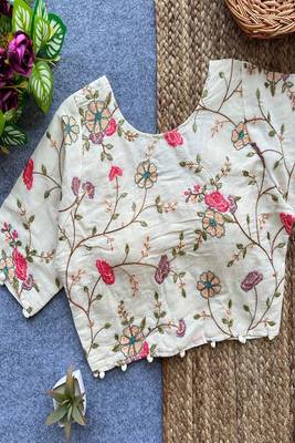 Off white floral embroidered cotton designer readymade saree blouse for women ethnic party wear 2