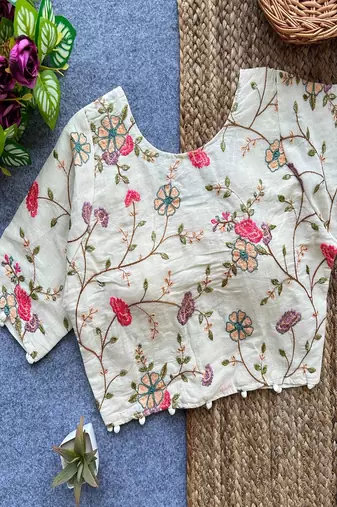 Off white floral embroidered cotton designer readymade saree blouse for women ethnic party wear