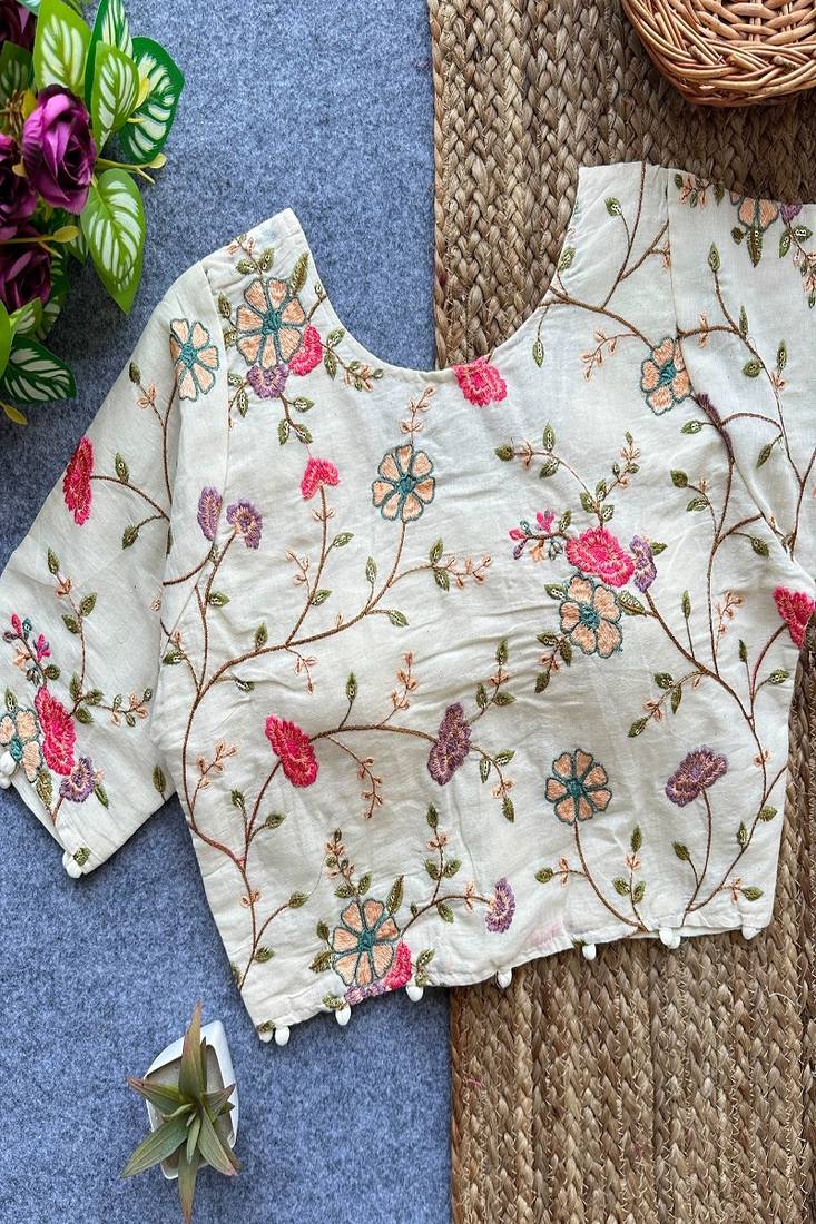 Off white floral embroidered cotton designer readymade saree blouse for women ethnic party wear