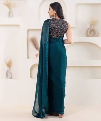 Teal plain tissue festive wear saree with blouse piece 3