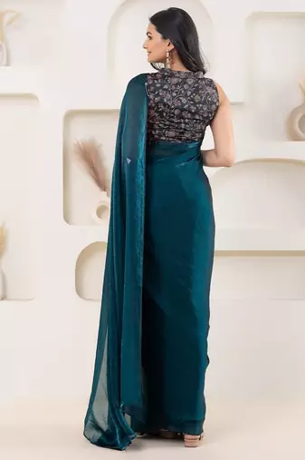 Teal plain tissue festive wear saree with blouse piece