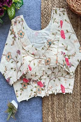 Off white floral embroidered cotton designer readymade saree blouse for women ethnic party wear 3