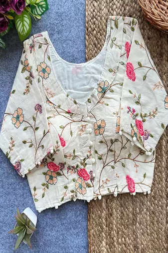 Off white floral embroidered cotton designer readymade saree blouse for women ethnic party wear