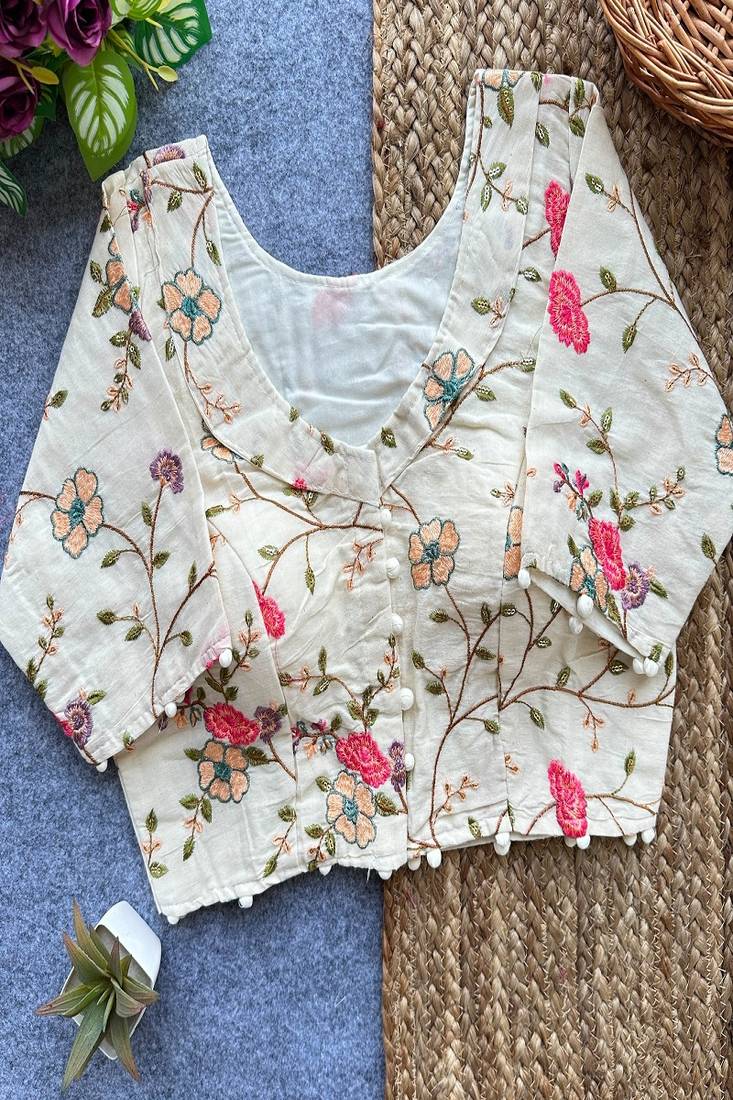 Off white floral embroidered cotton designer readymade saree blouse for women ethnic party wear