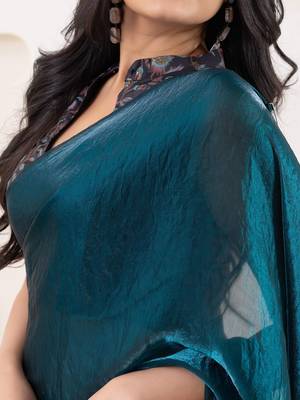 Teal plain tissue festive wear saree with blouse piece 4