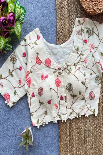 Off white floral embroidered cotton designer readymade saree blouse for women festive ethnic wear