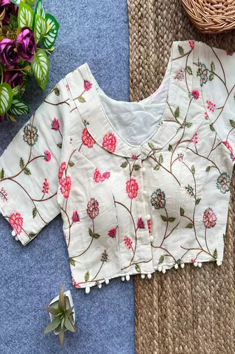 Off white floral embroidered cotton designer readymade saree blouse for women festive ethnic wear