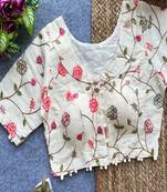 Off white floral embroidered cotton designer readymade saree blouse for women festive ethnic wear