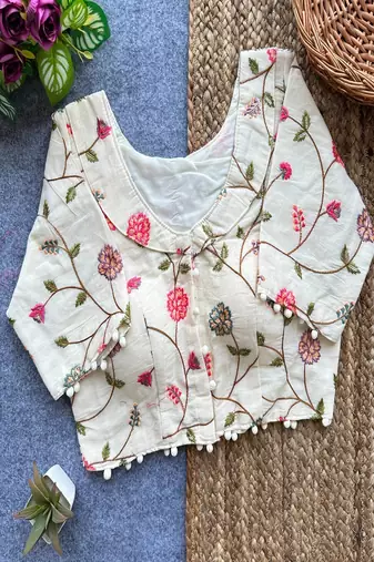 Off white floral embroidered cotton designer readymade saree blouse for women festive ethnic wear
