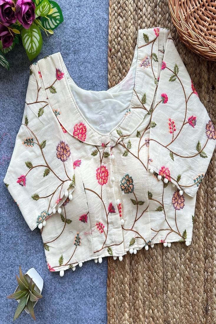 Off white floral embroidered cotton designer readymade saree blouse for women festive ethnic wear