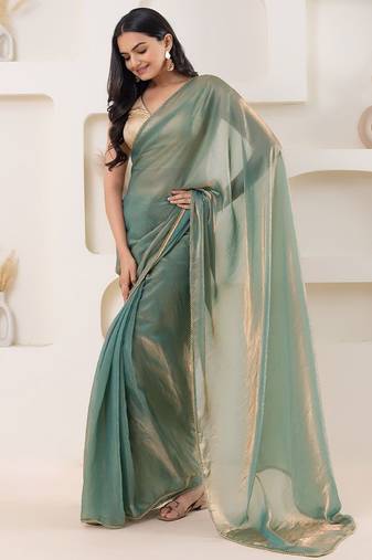 Green plain tissue festive wear saree with blouse piece