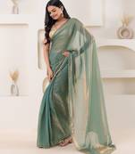 Green plain tissue festive wear saree with blouse piece