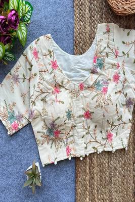 Off white floral embroidered cotton designer readymade saree blouse for women festive party wear 1