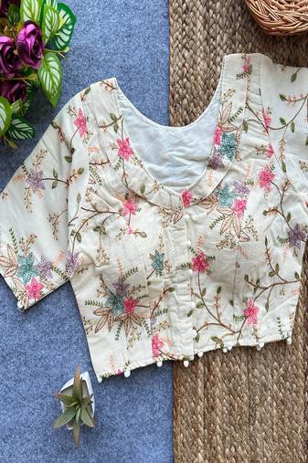Off white floral embroidered cotton designer readymade saree blouse for women festive party wear