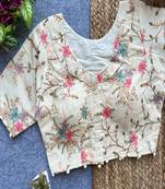 Off white floral embroidered cotton designer readymade saree blouse for women festive party wear