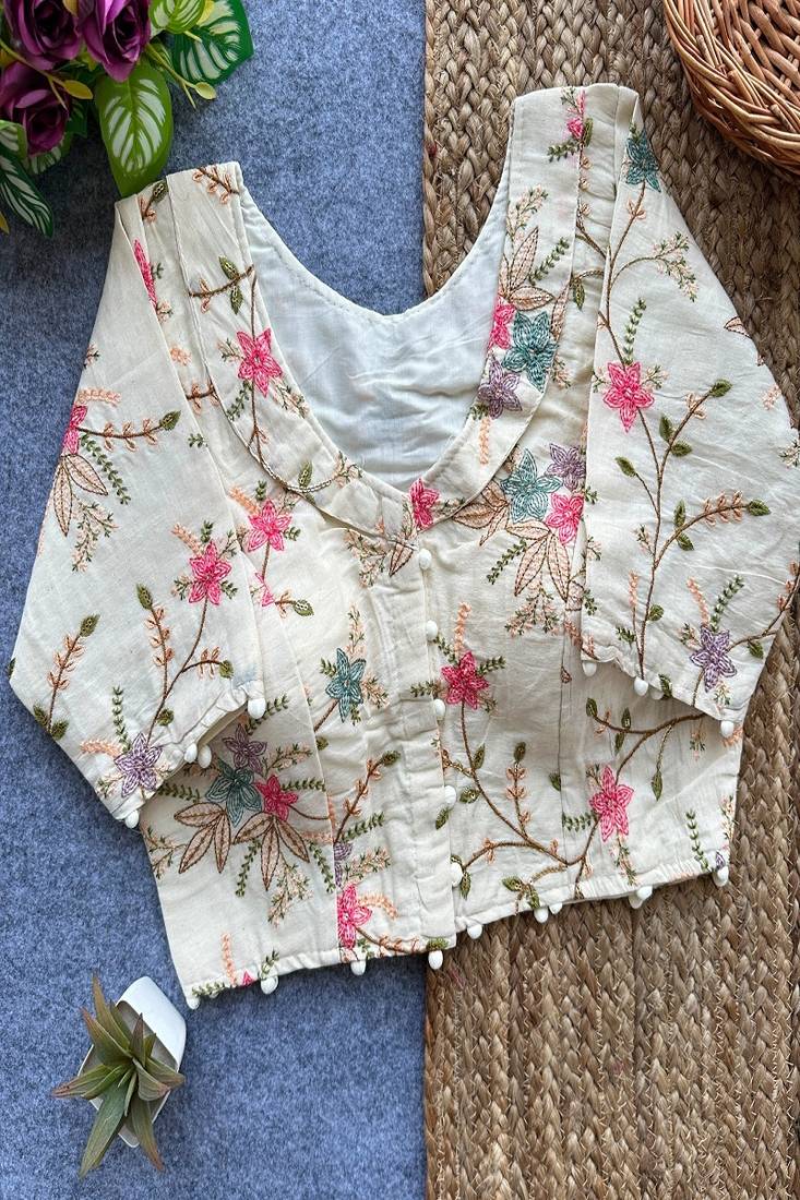 Off white floral embroidered cotton designer readymade saree blouse for women festive party wear